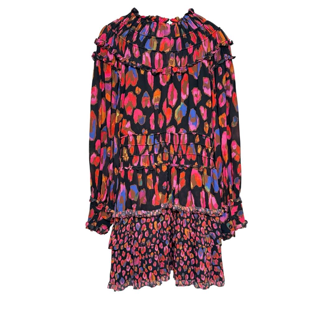 Farm Rio Iridescent Leopard Smocked Ruffle Mini Dress Black Multicolor Size L
